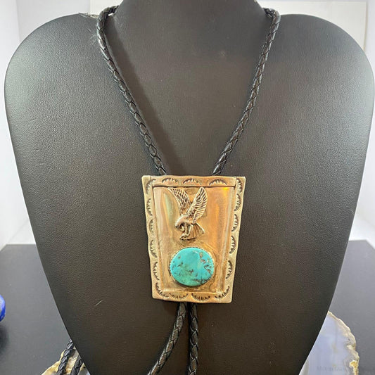 Vintage Native American Silver Oval Turquoise and Eagle w/Braided Rope Bolo Tie
