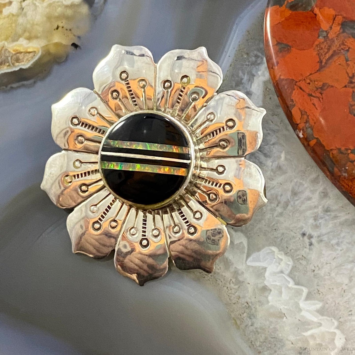 Vintage Native American Sterling Silver Onyx & Opal Stamped Flower Brooch For Women