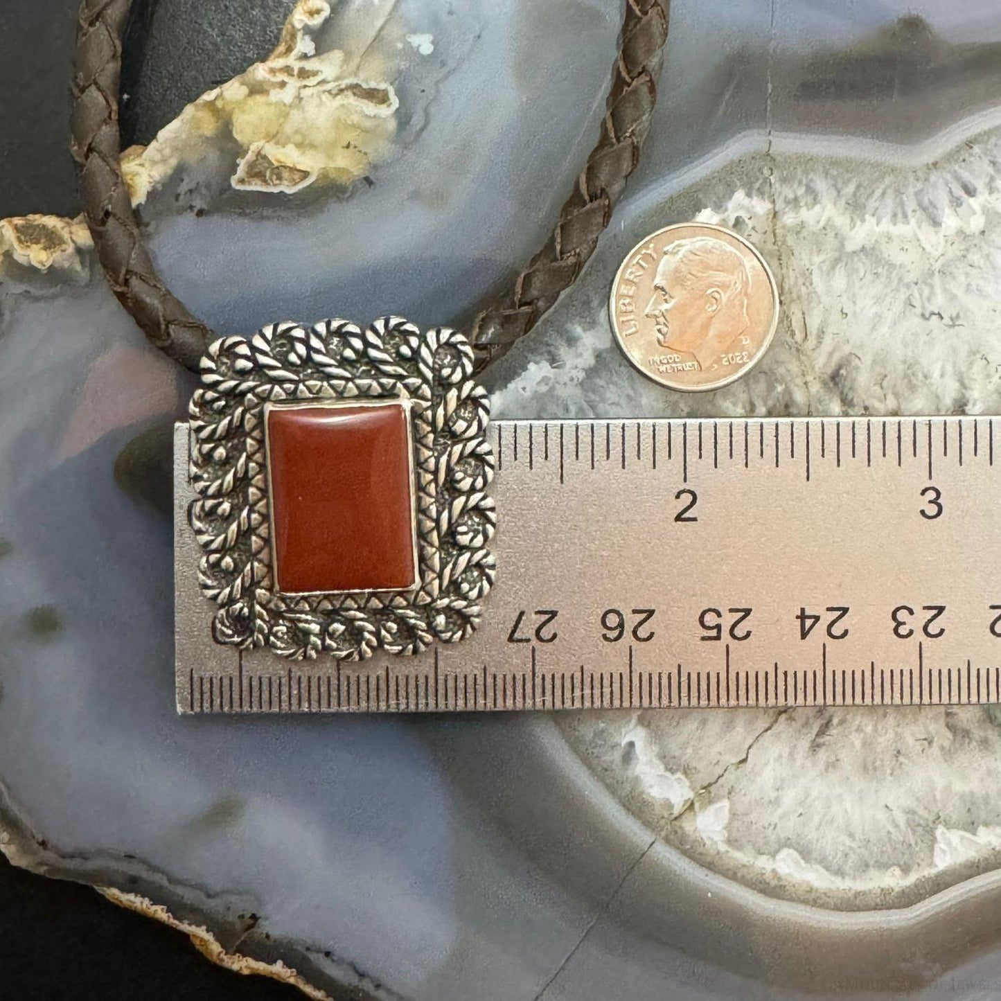 Carolyn Pollack Sterling Silver Carnelian Pendant with Brown Braided Leather Necklace