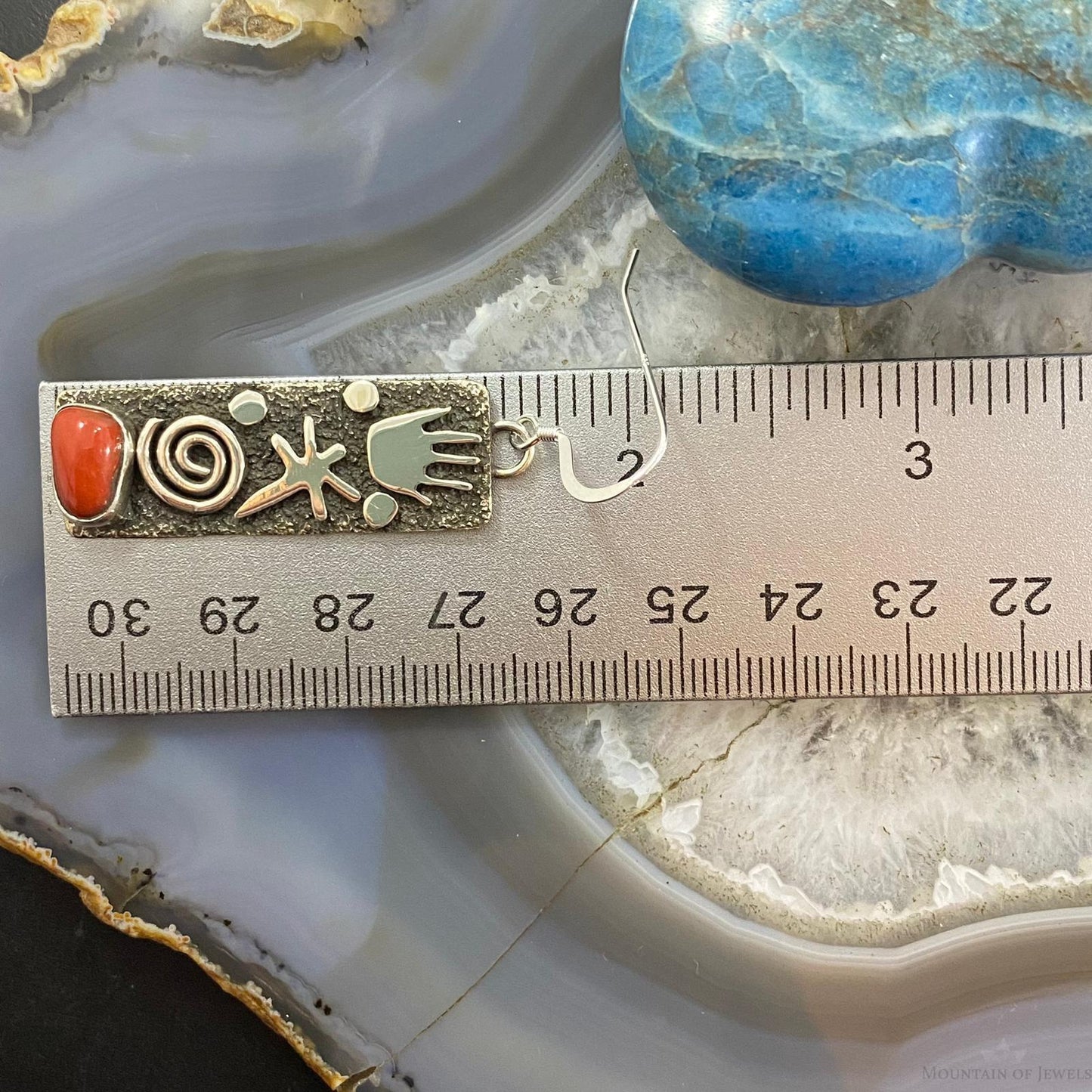 Alex Sanchez Native American Sterling Silver Coral Petroglyph Dangle Earrings For Women #9