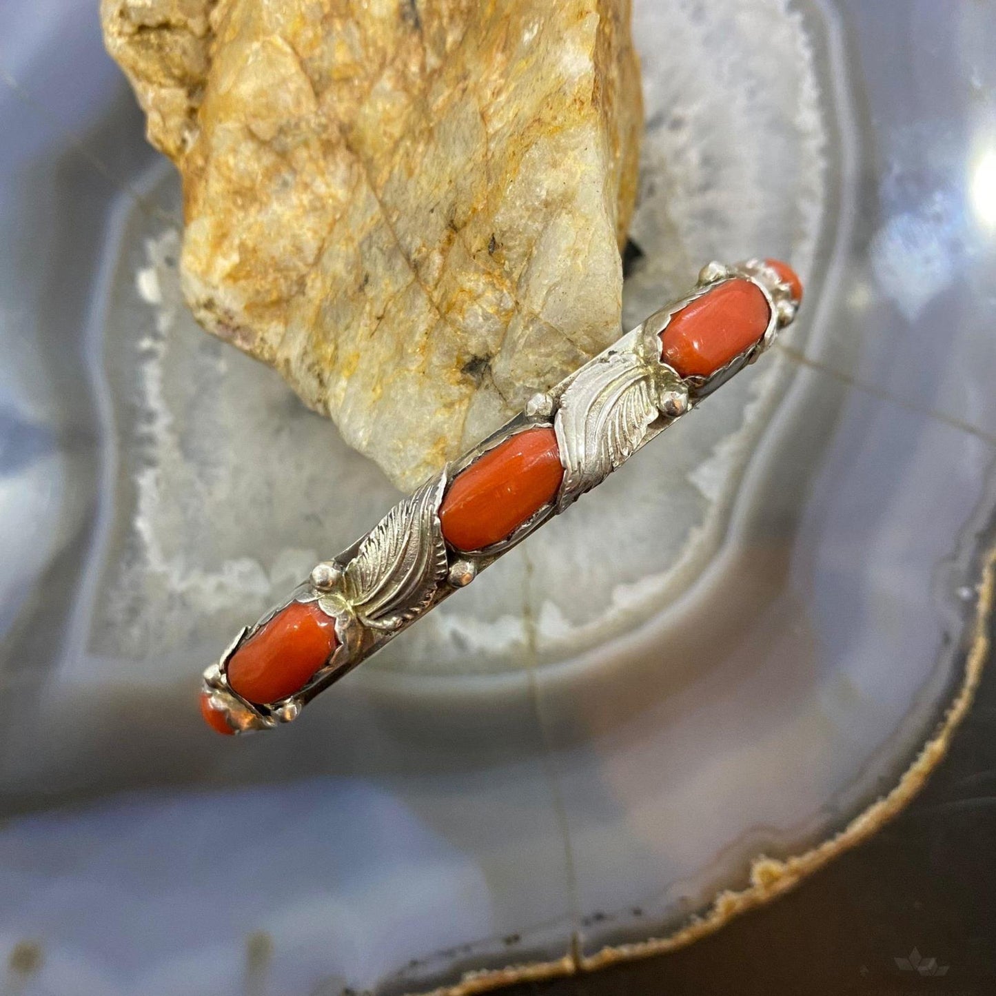 Carmelita Simplicio Vintage Native American Sterling Silver 5 Coral Decorated Bracelet For Women
