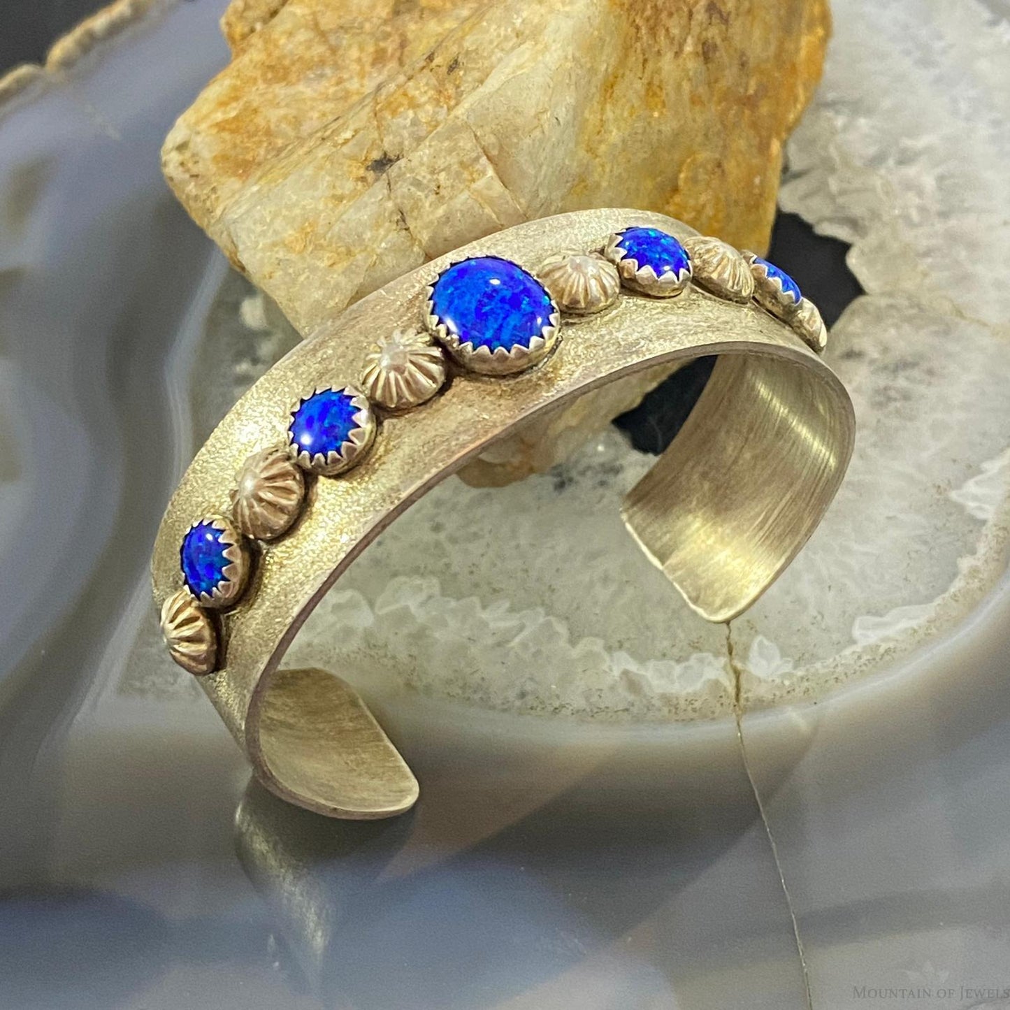 Vintage Native American Sterling Silver Blue Fire Opal Texture Bracelet For Women
