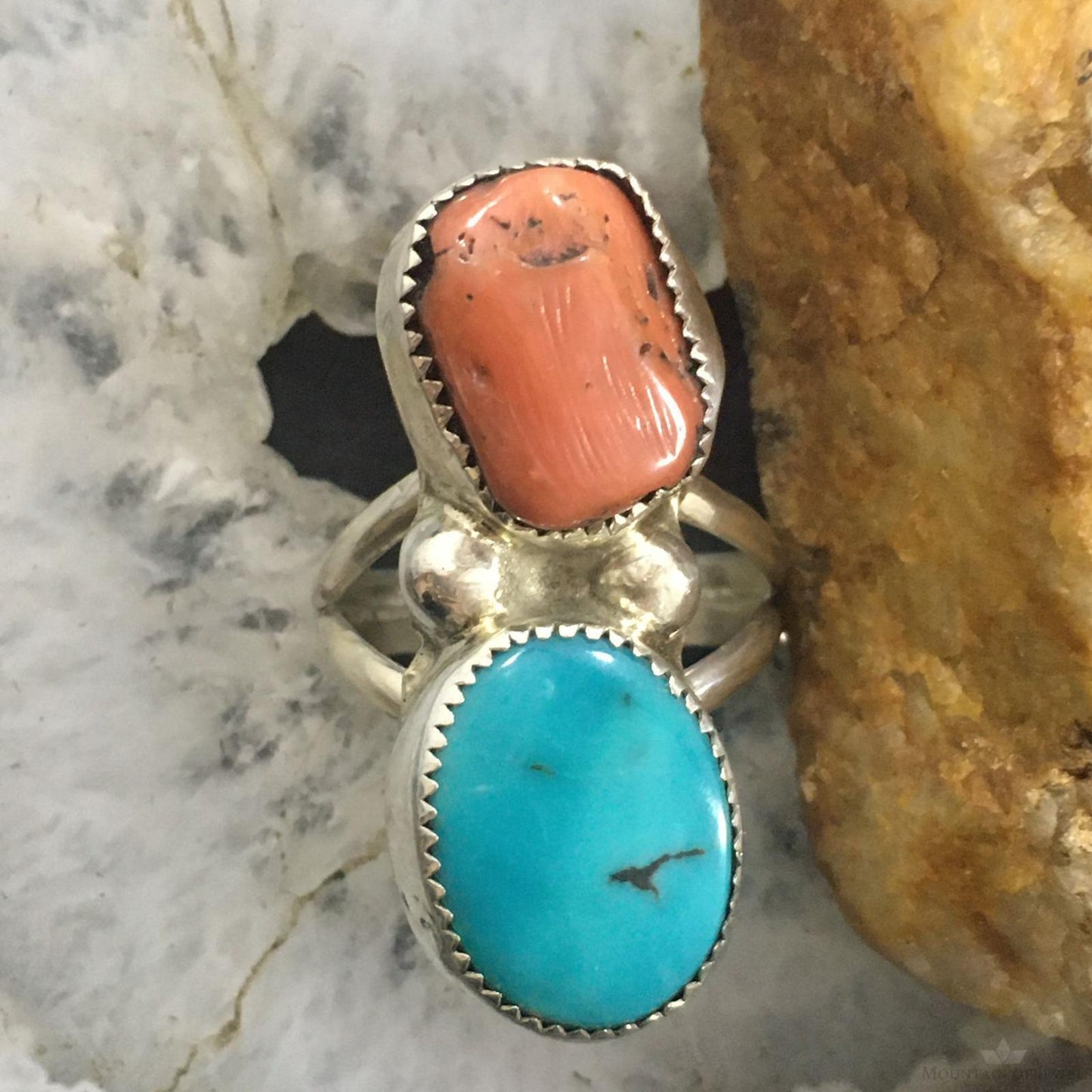 Silver Ray Vintage Sterling Silver Elongated Turquoise & Coral Ring Size 8.5 For Women