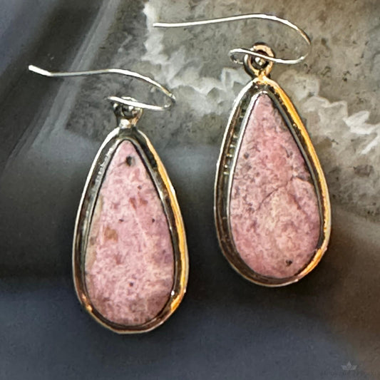 Native American Sterling Silver Teardrop Rhodonite Dangle Earrings For Women