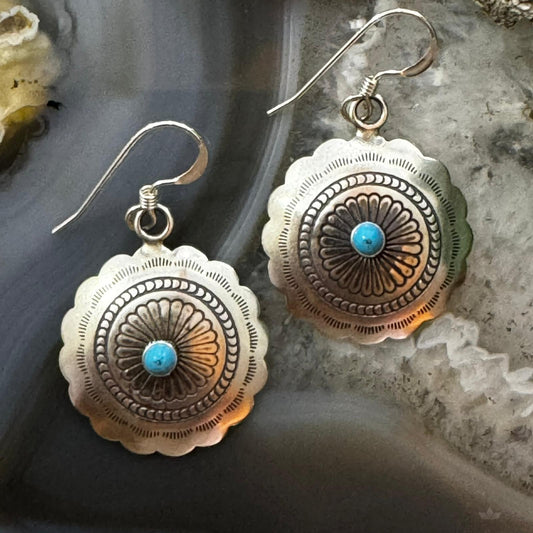 Native American Sterling Silver Turquoise Dot Flower Concho Dangle Earrings For Women