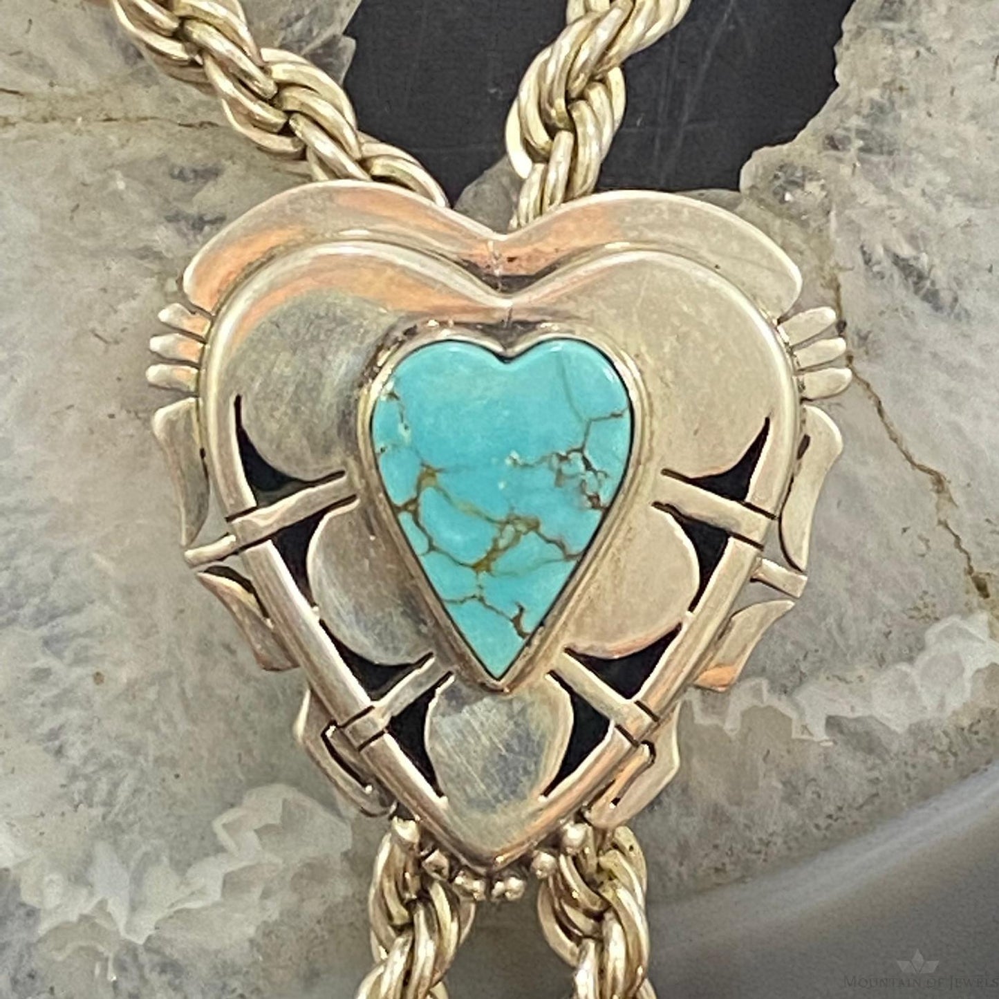 Vintage Native American Silver Turquoise Heart Lariat 26" Necklace For Women