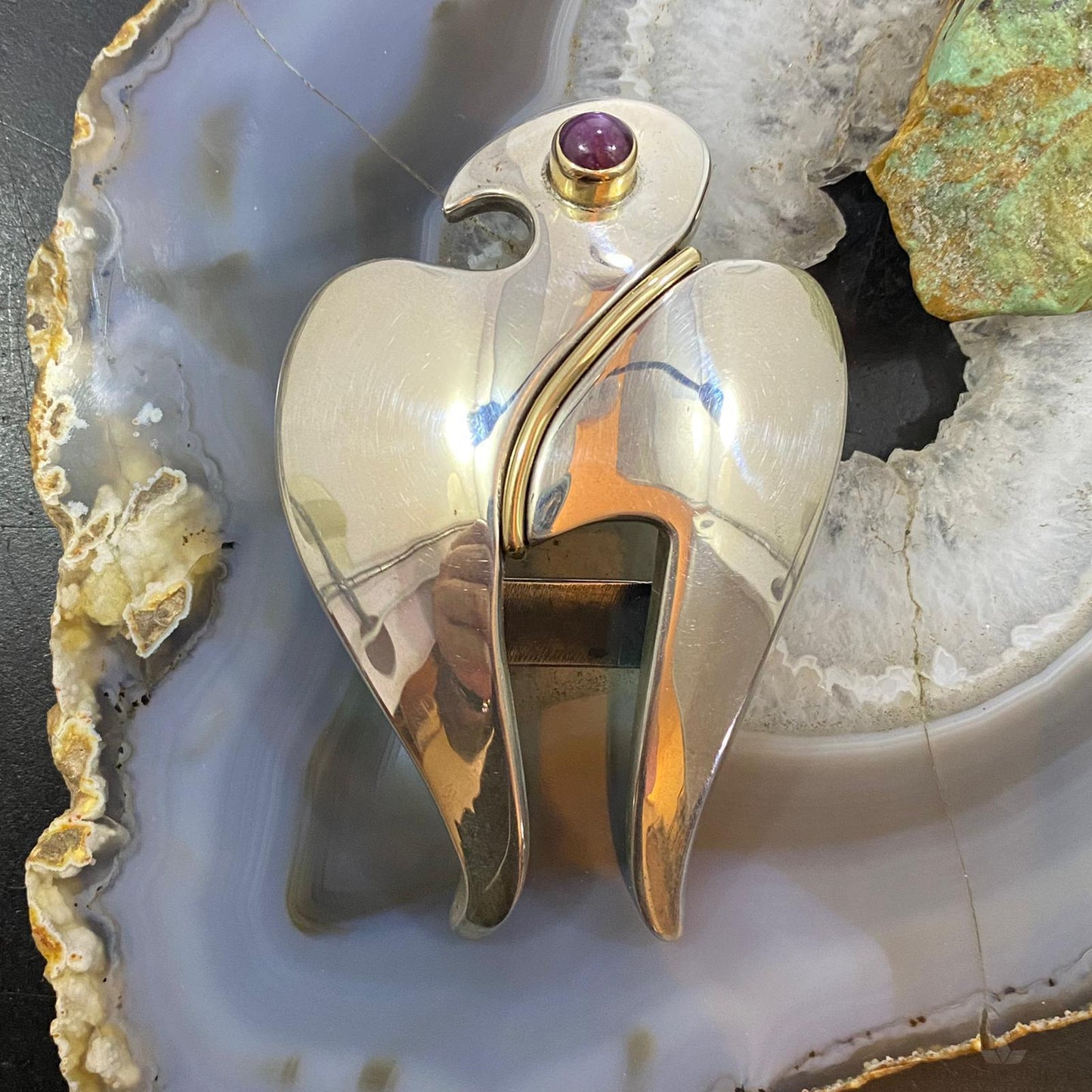 Signed Sterling Silver with 14K Gold & Round Charoite Eagle Unisex Belt Buckle
