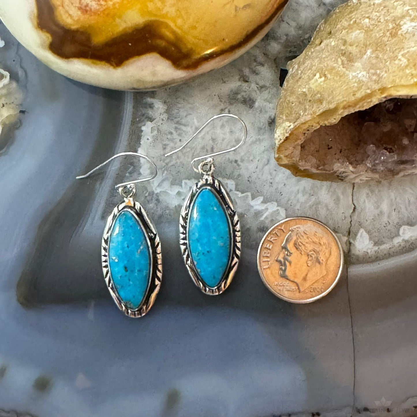 Native American Sterling Silver Marquise Kingman Turquoise Dangle Earrings For Women