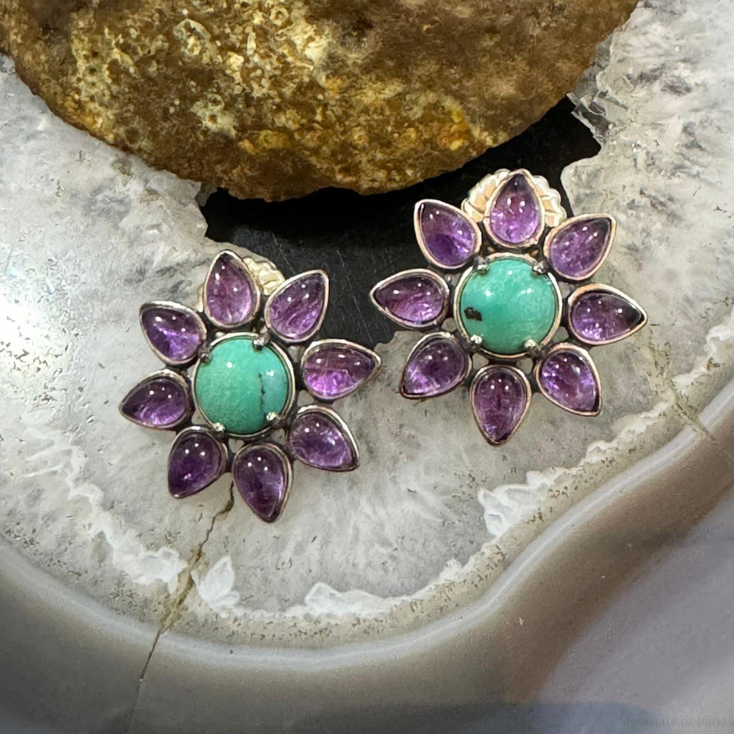 Carolyn Pollack Sterling Silver Round Turquoise & Pear Amethyst Flower Stud Earrings For Women