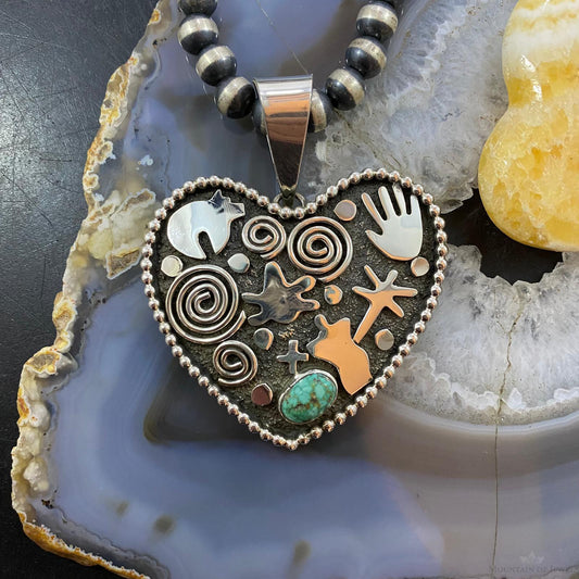 Alex Sanchez Sterling Silver Turquoise Petroglyph Heart Pendant For Women #2