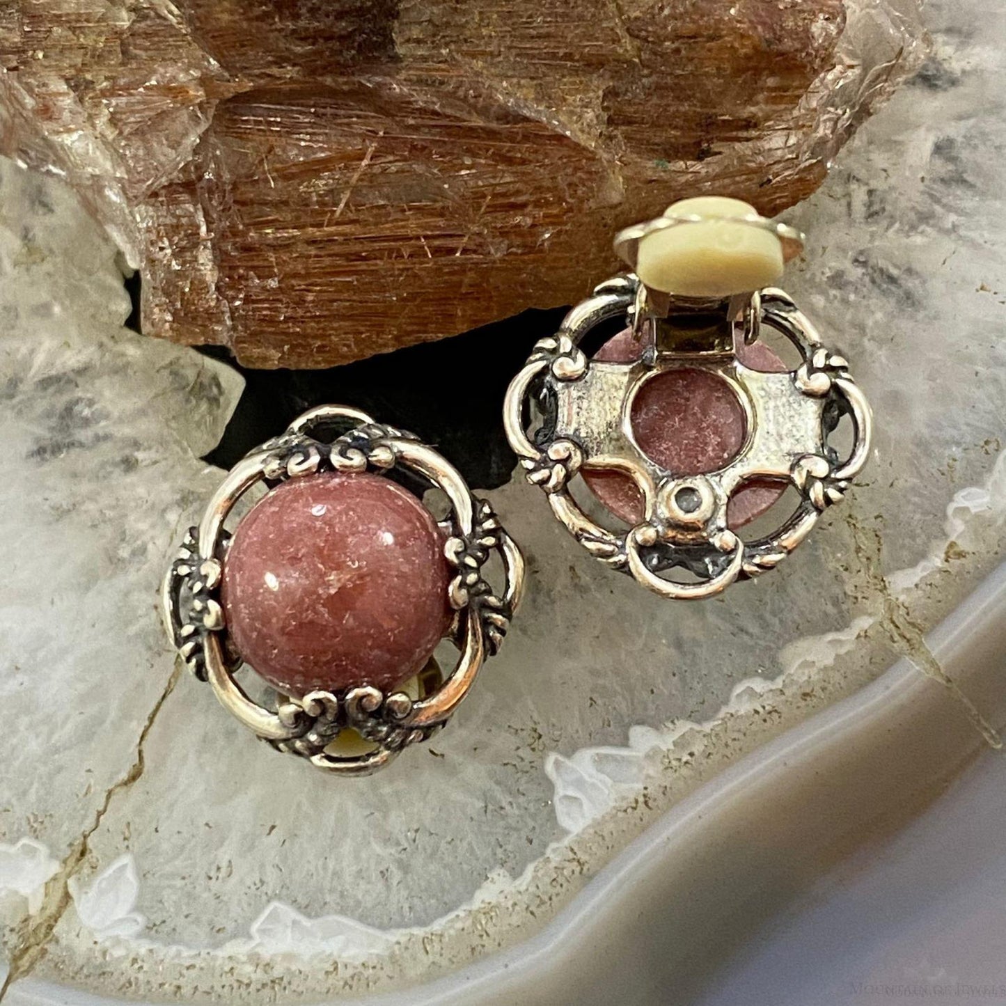 Carolyn Pollack Sterling Silver Round Rhodonite Decorated Clip-On Earrings For Women