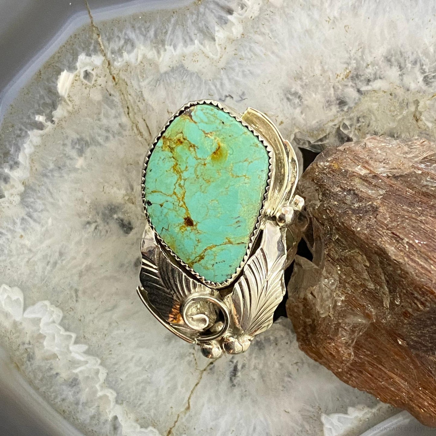 Silver Ray Native American Sterling Turquoise Decorated Ring Size 10 For Women