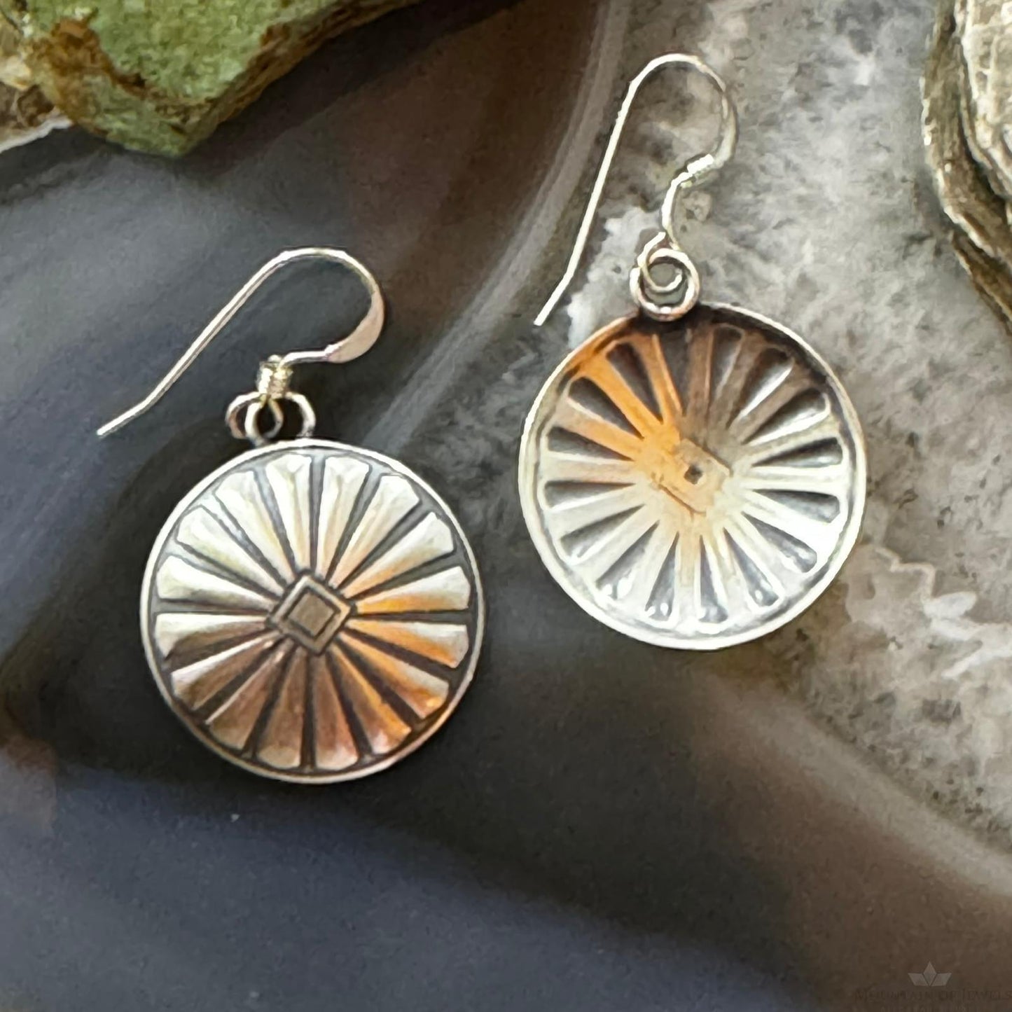 Native American Sterling Silver Sunburst Round Concho Stamped Dangle Earrings For Women