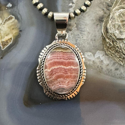 Native American Sterling Silver Oval Rhodochrosite Decorated Pendant For Women