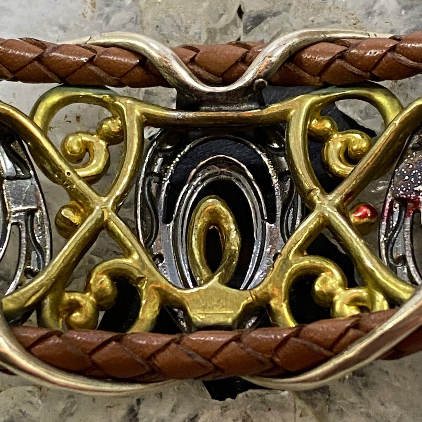 Carolyn Pollack Sterling Silver & Brass Double Row Brown Leather Decorated Bracelet