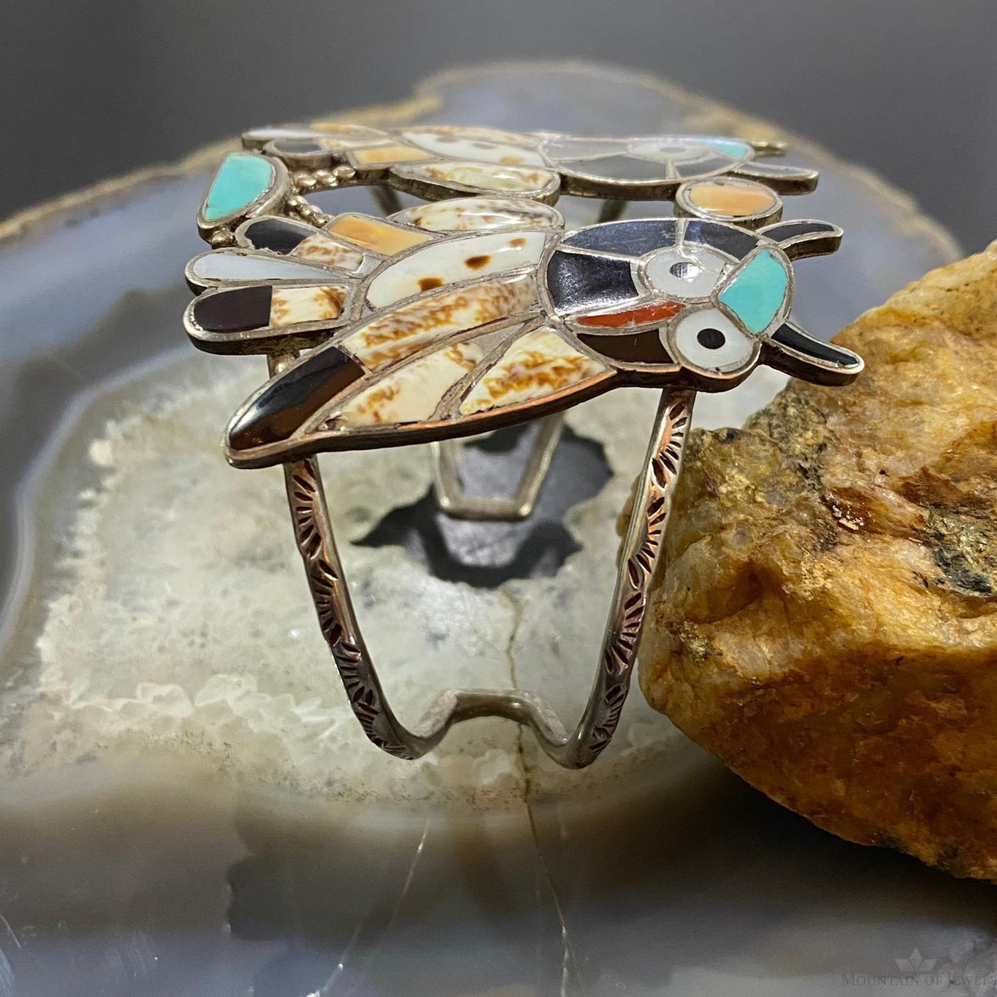 Vintage Native American Silver Multistone Zuni Inlay 2 Owls Bracelet For Women