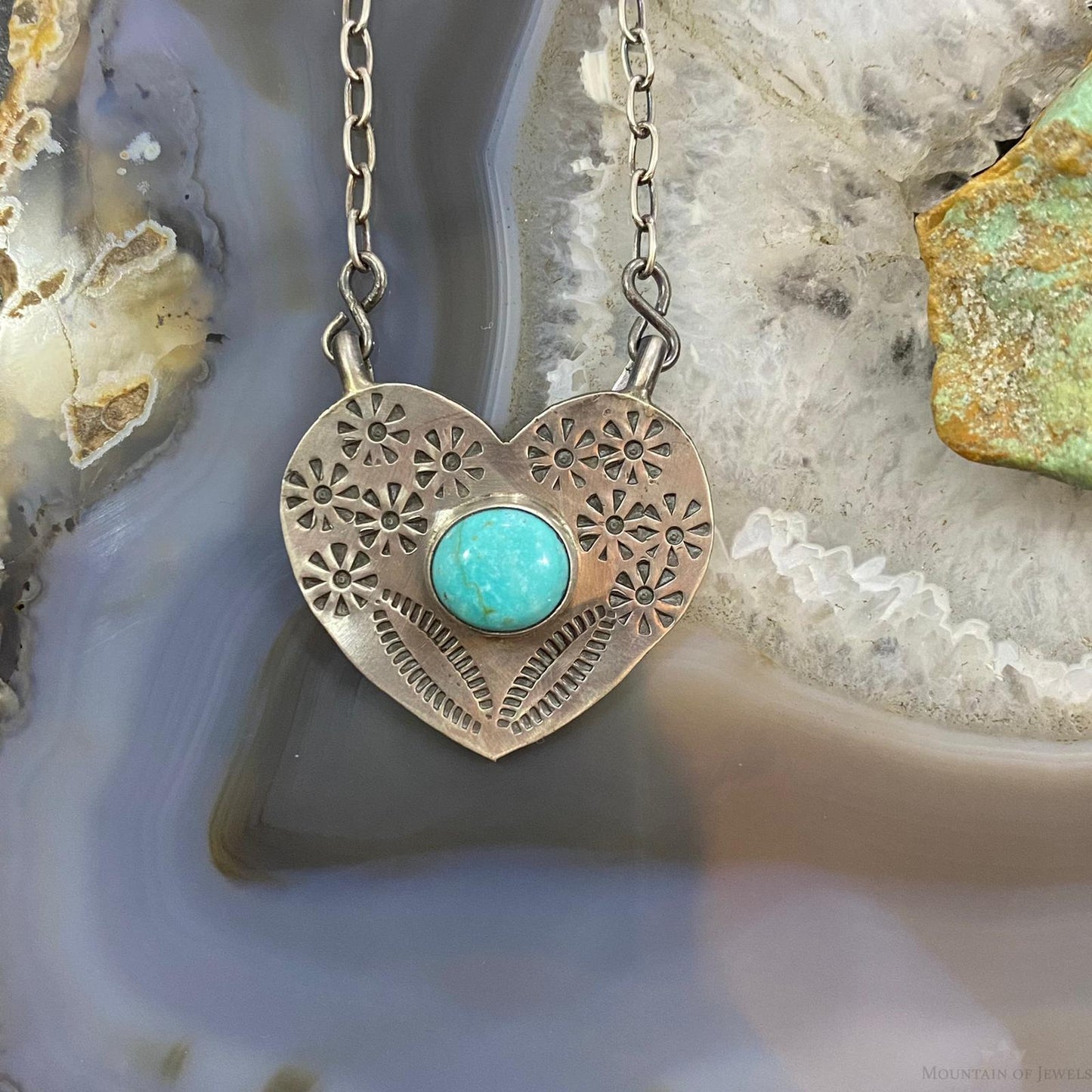 Marie Tsosie Native American Sterling Silver Oval Kingman Turquoise Stamped Heart Necklace For Women