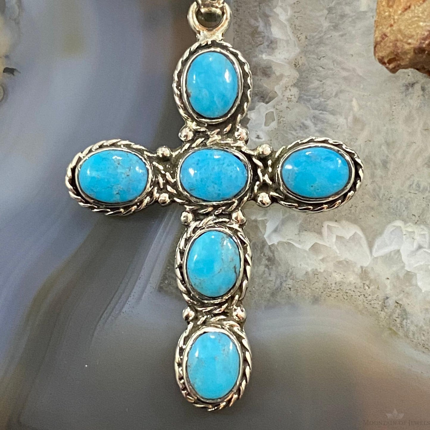 Native American Sterling Silver 6 Oval Turquoise Decorated Cross Pendant For Women