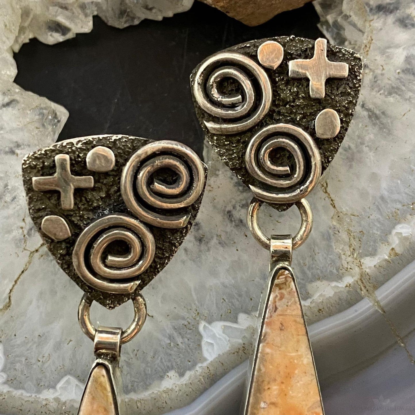 Alex Sanchez Native American Sterling Silver Ocean Jasper Petroglyph Drop Earrings For Women