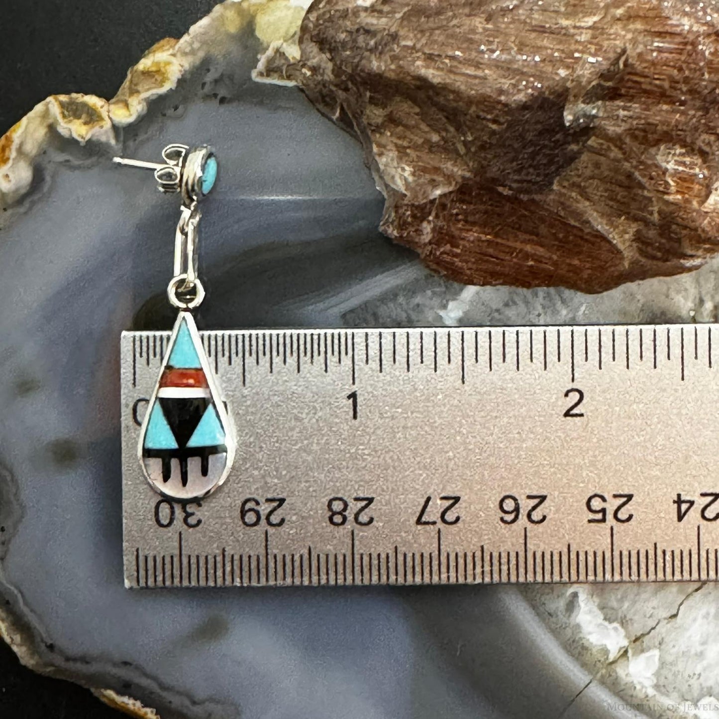 Delberta Boone Native American Sterling Silver Multi Gemstone Inlay Dangle Earrings For Women