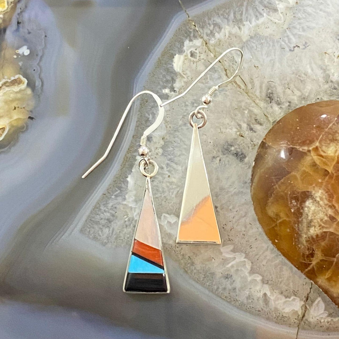 Sheryl Edaakie Zuni Native American Sterling Silver Triangle Inlay Dangle Earrings For Women