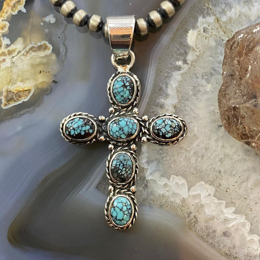 Native American Sterling Silver Chinese Turquoise Decorated Cross Unisex Pendant