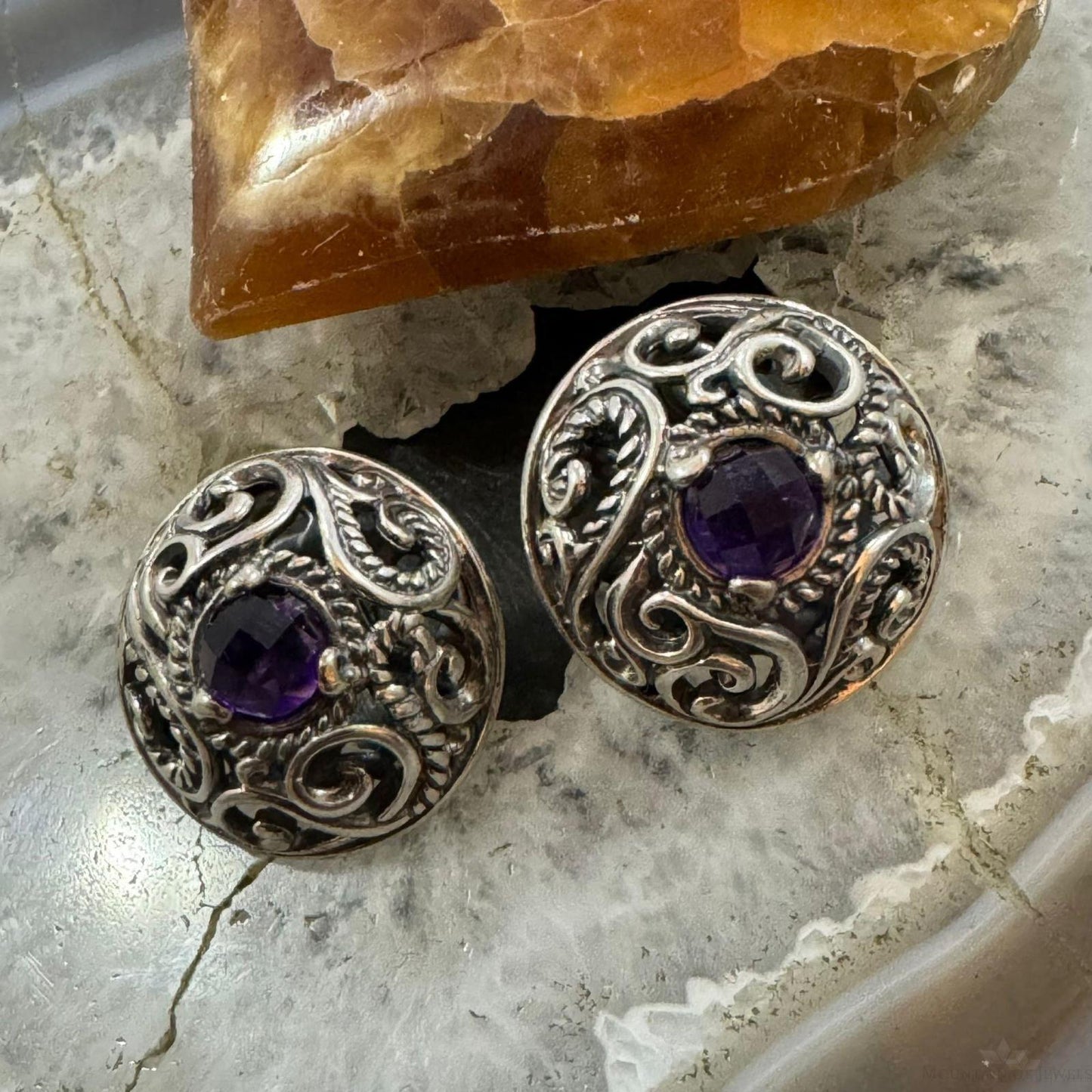 Carolyn Pollack Sterling Silver Amethyst Decorated Safety Clip Stud Earrings For Women