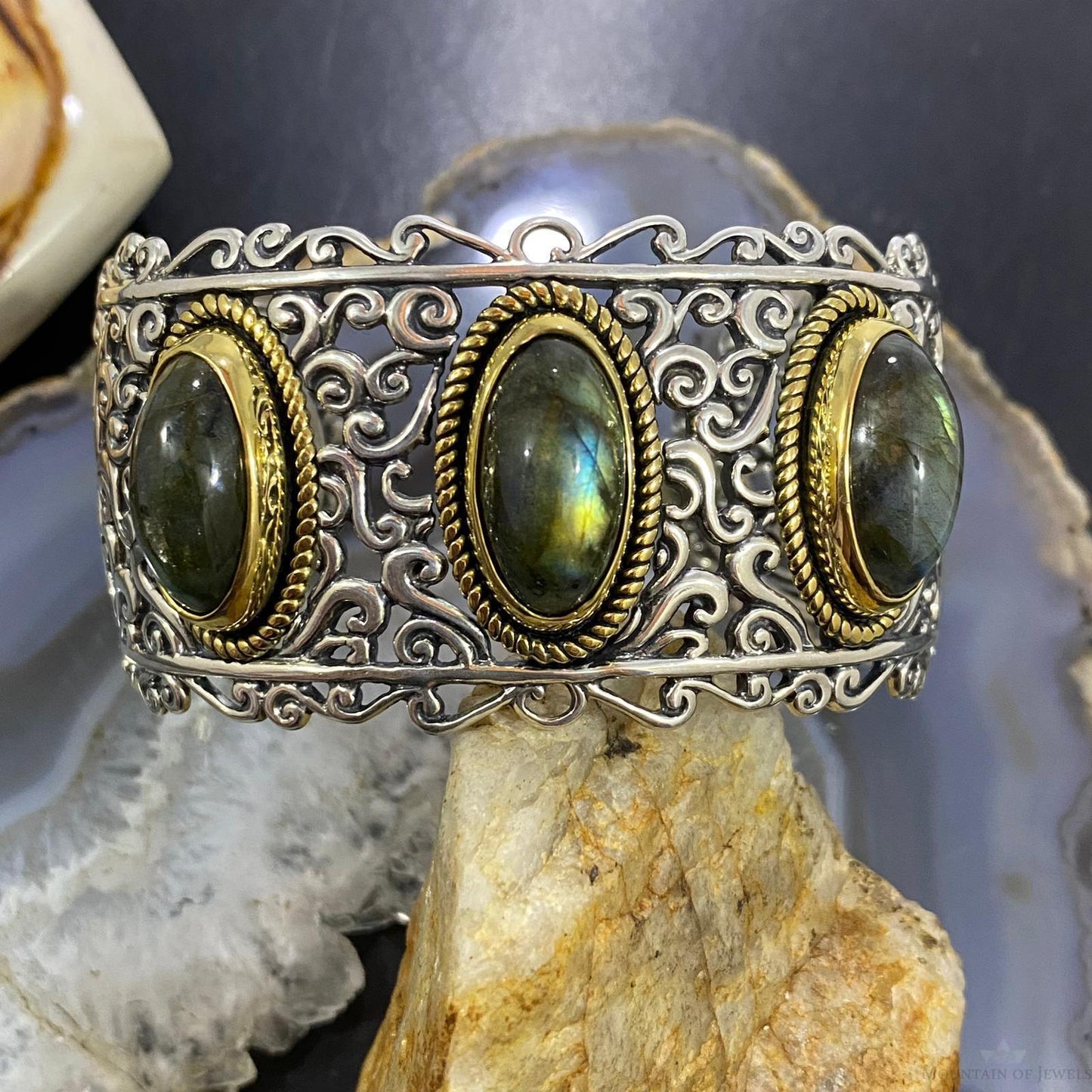 Carolyn Pollack Sterling Silver & Brass 3 Oval Labradorite Decorated Bracelet For Women