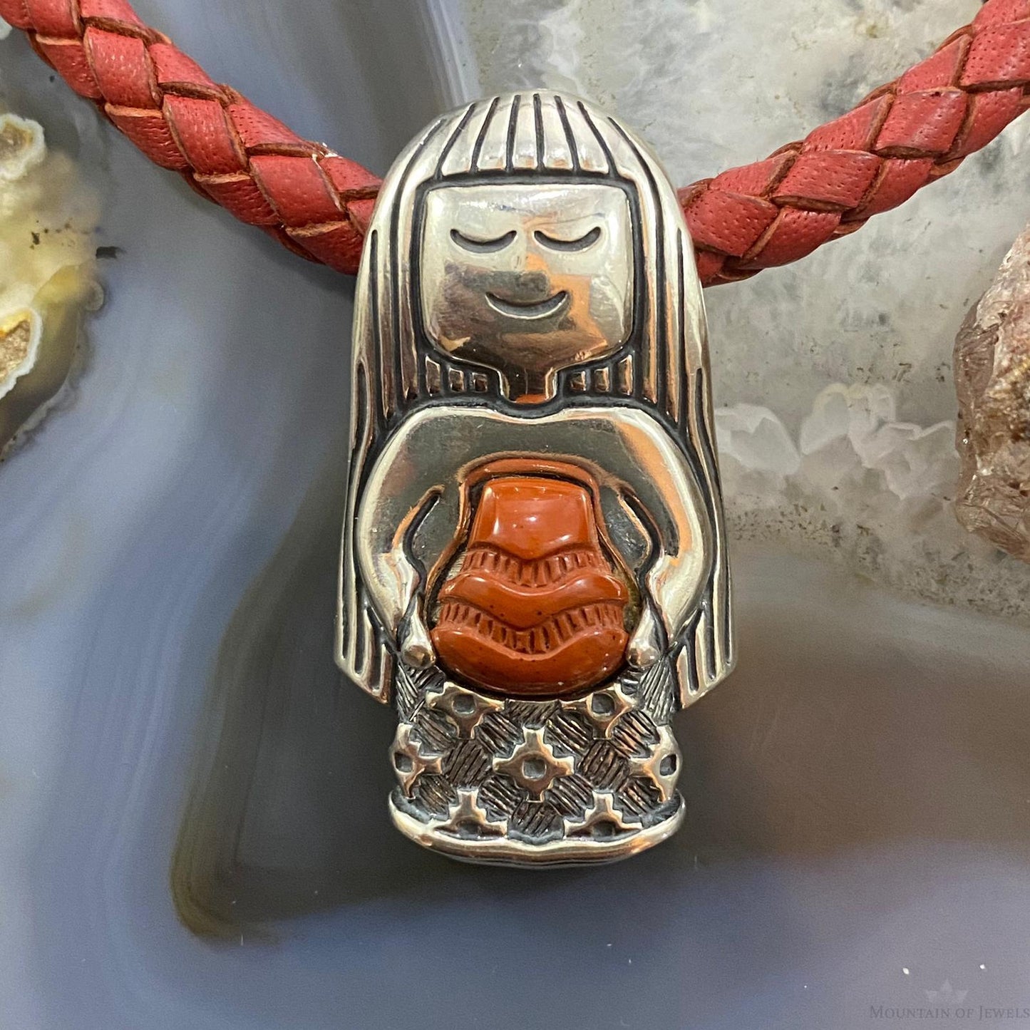 Jody Naranjo and Carolyn Pollack Sterling Silver Carved Red Jasper Decorated Maiden Pendant For Women
