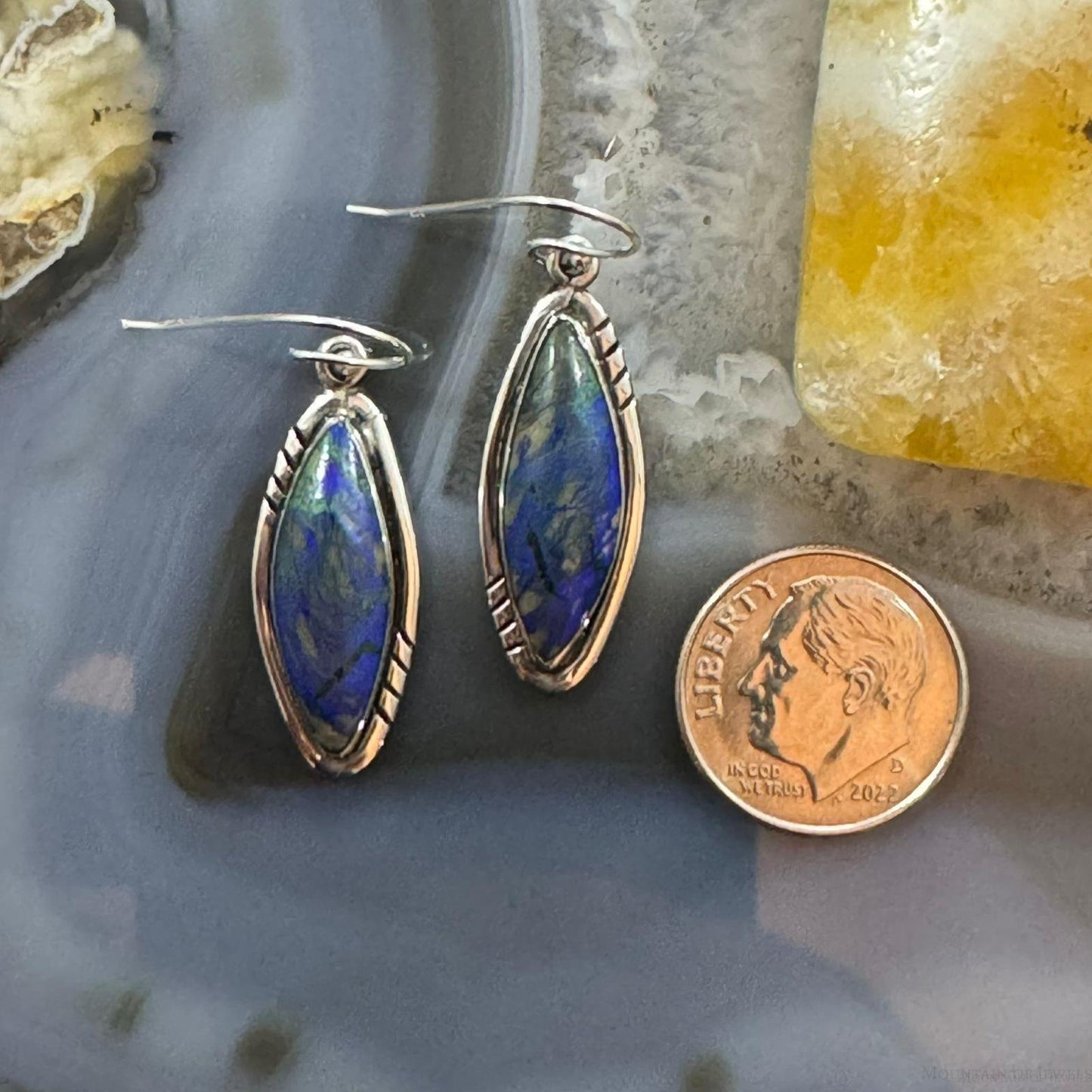 Native American Sterling Silver Marquise African Azurite Malachite Dangle Earrings