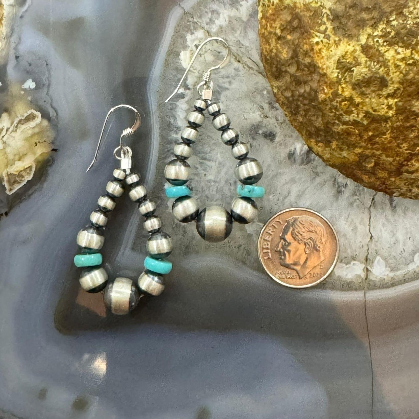 Navajo Pearl Beads Graduated 2-7mm & 2 Turquoise Disk Sterling Silver Dangle Earrings