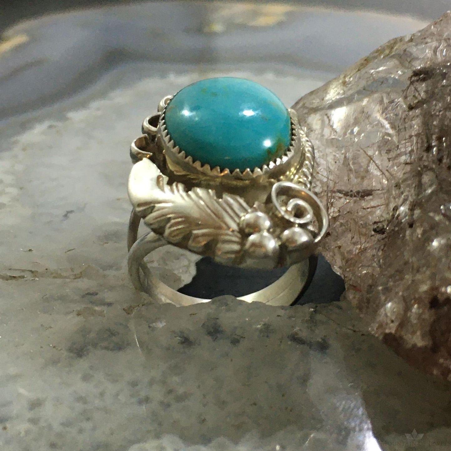 Silver Ray Native American Sterling Silver Turquoise Decorated Ring Size 6.75 For Women