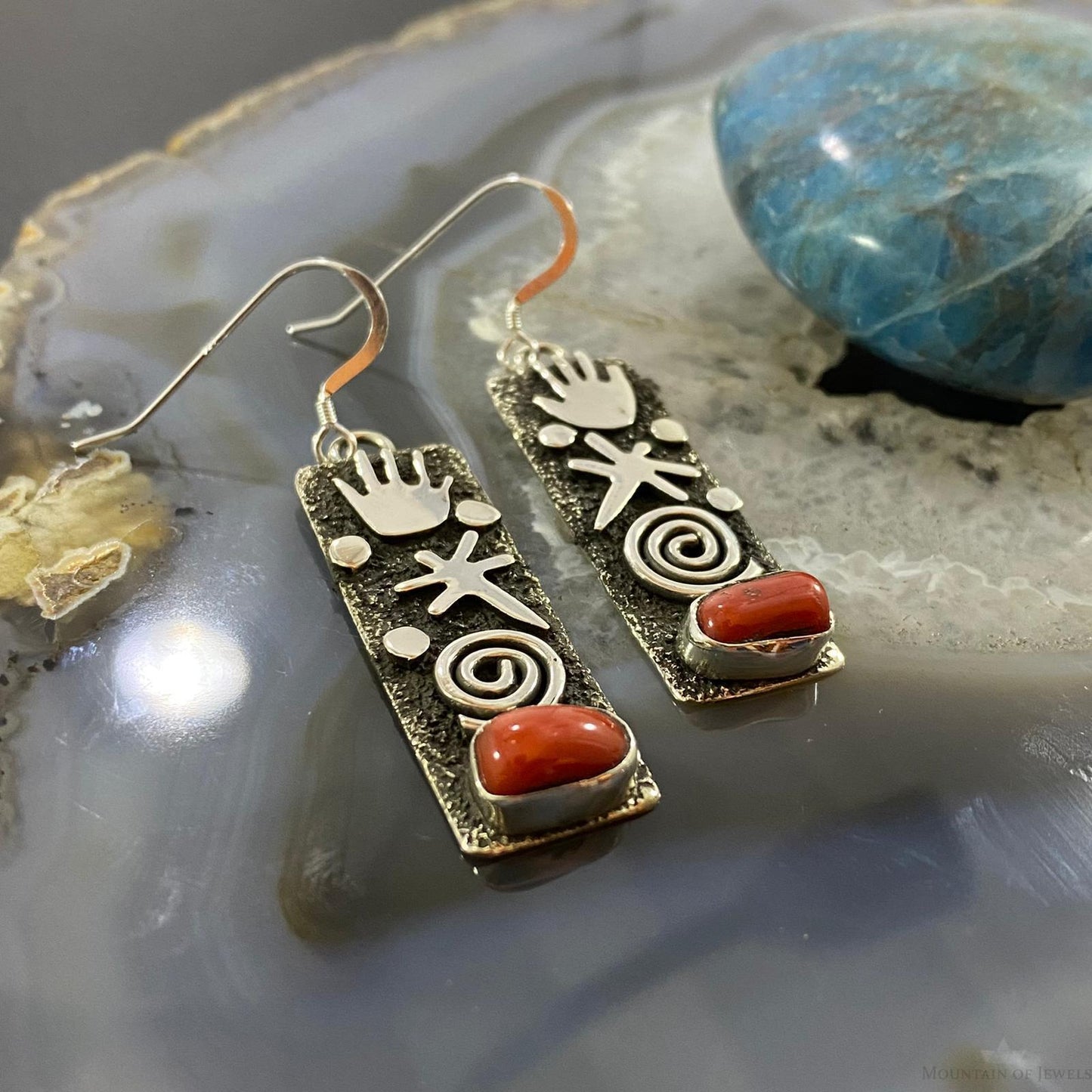 Alex Sanchez Native American Sterling Silver Coral Petroglyph Dangle Earrings For Women #9