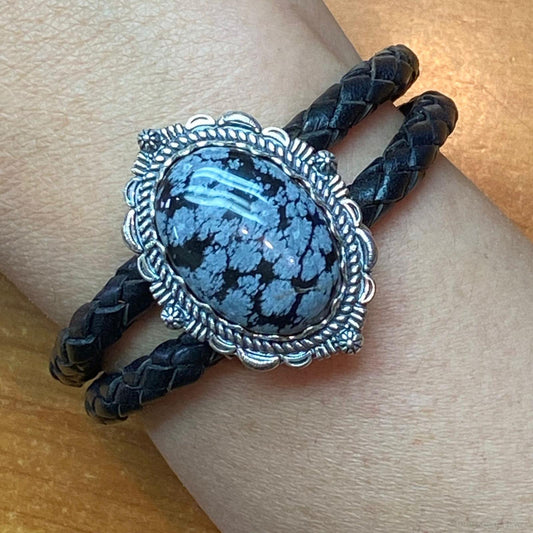 Carolyn Pollack Sterling Silver Snowflake Obsidian Braided Leather Bracelet For Women