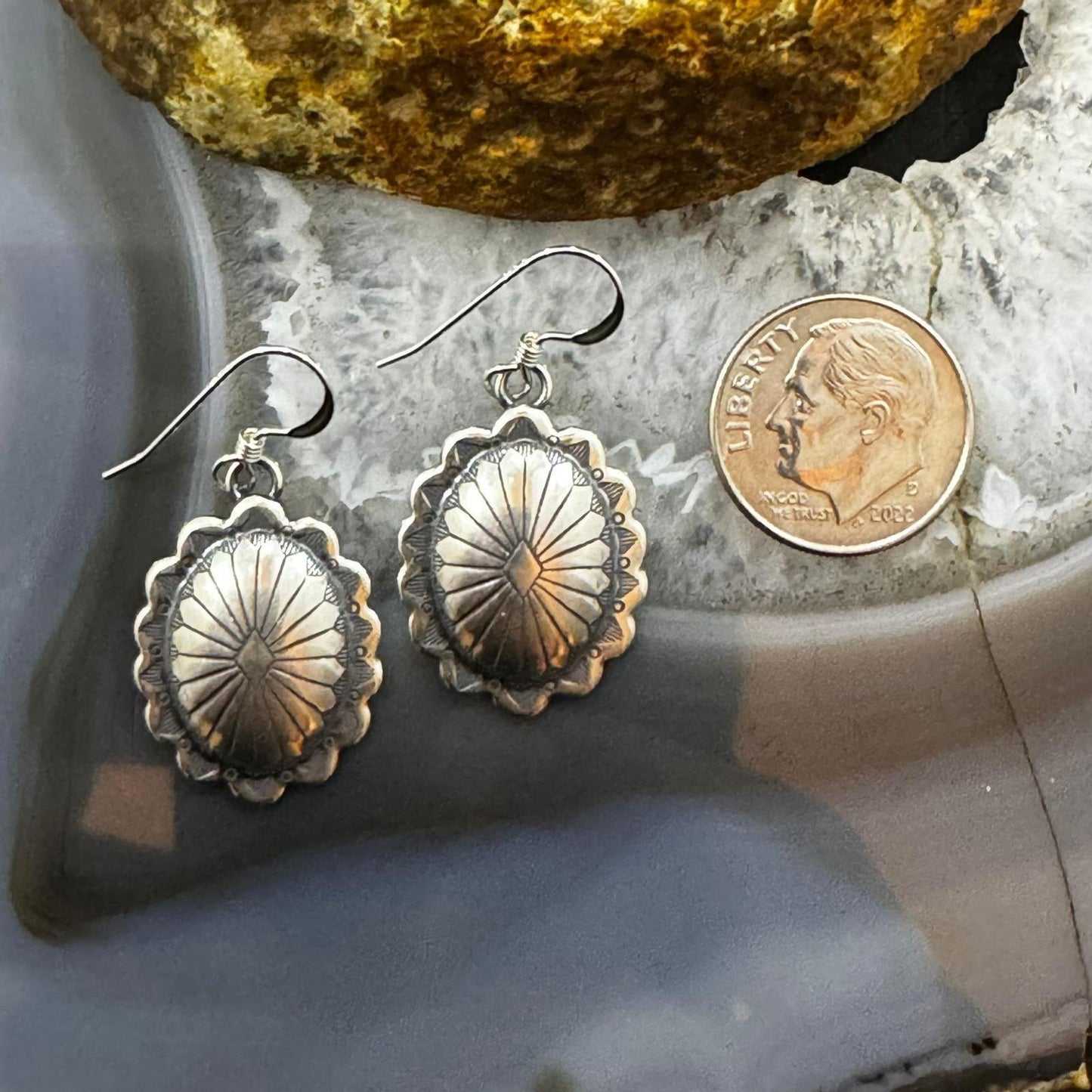 Native American Sterling Silver Oval Stamped Concho Dangle Earrings For Women