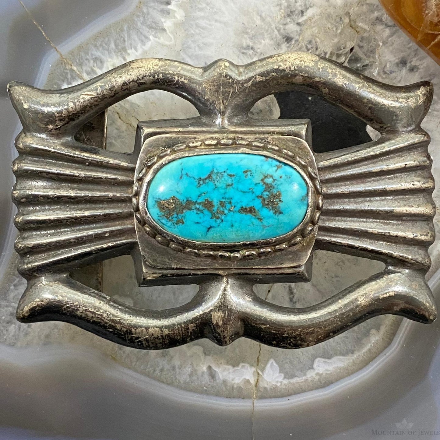 Vintage Native American Sterling Silver Sand Cast Oval Turquoise Belt Buckle