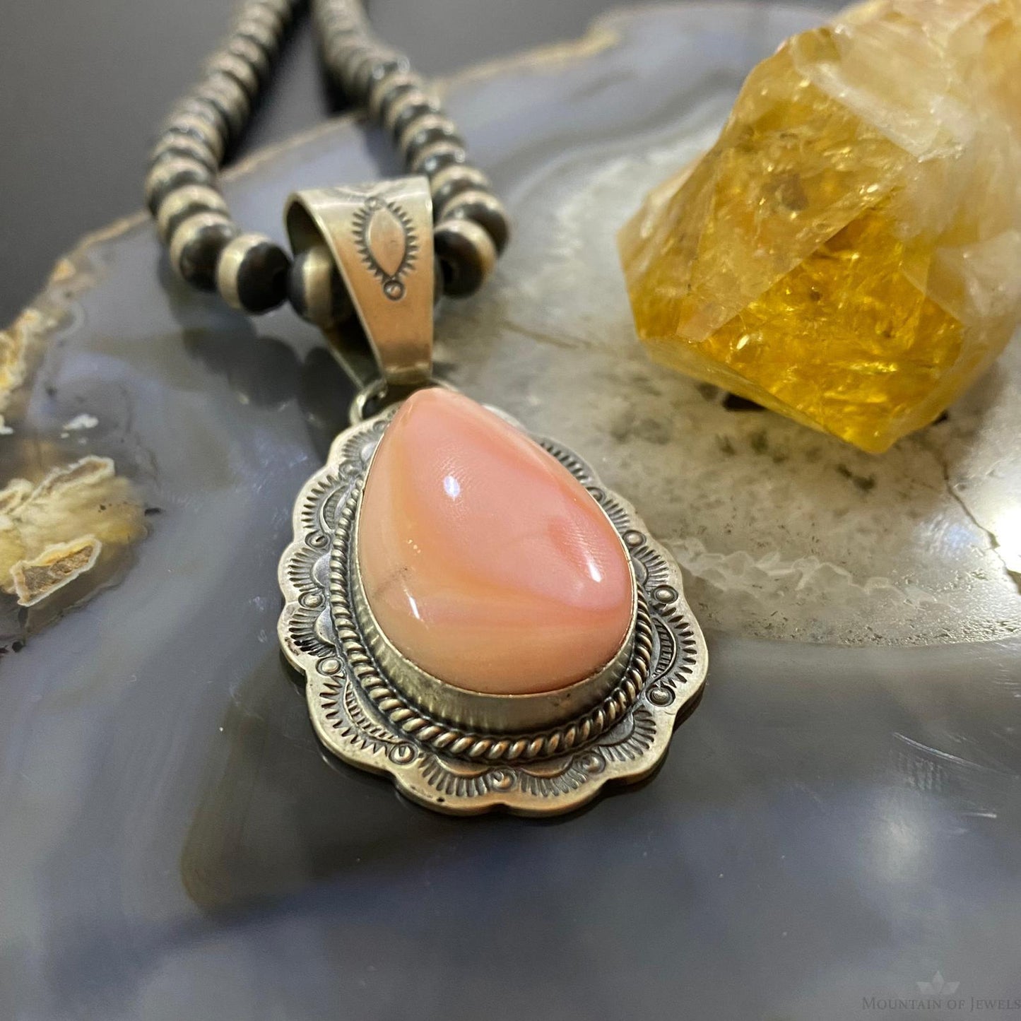 J. Nelson Native American Sterling Silver Large Teardrop Pink Conch Shell Decorated Pendant For Women