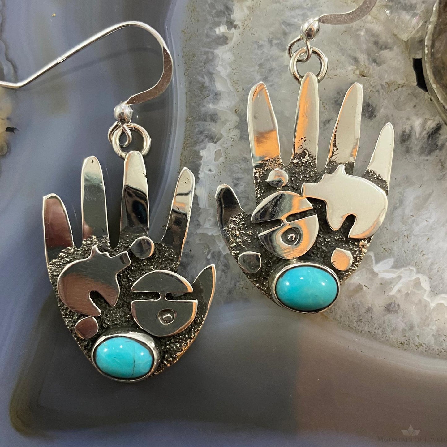 Alex Sanchez Native American Sterling Silver Ancestors Hand Petroglyph W/Turquoise Dangle Earrings For Women #7