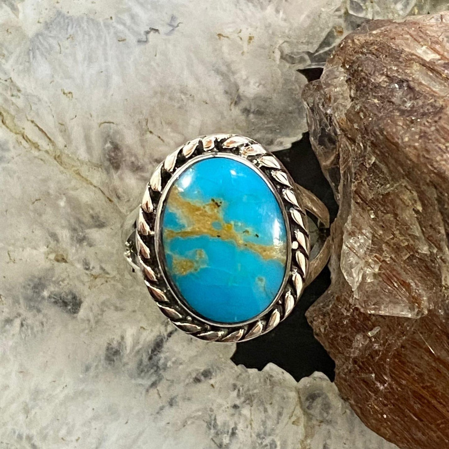 Native American Sterling Silver Oval Blue Ridge Turquoise Ring Size 6.25 For Women