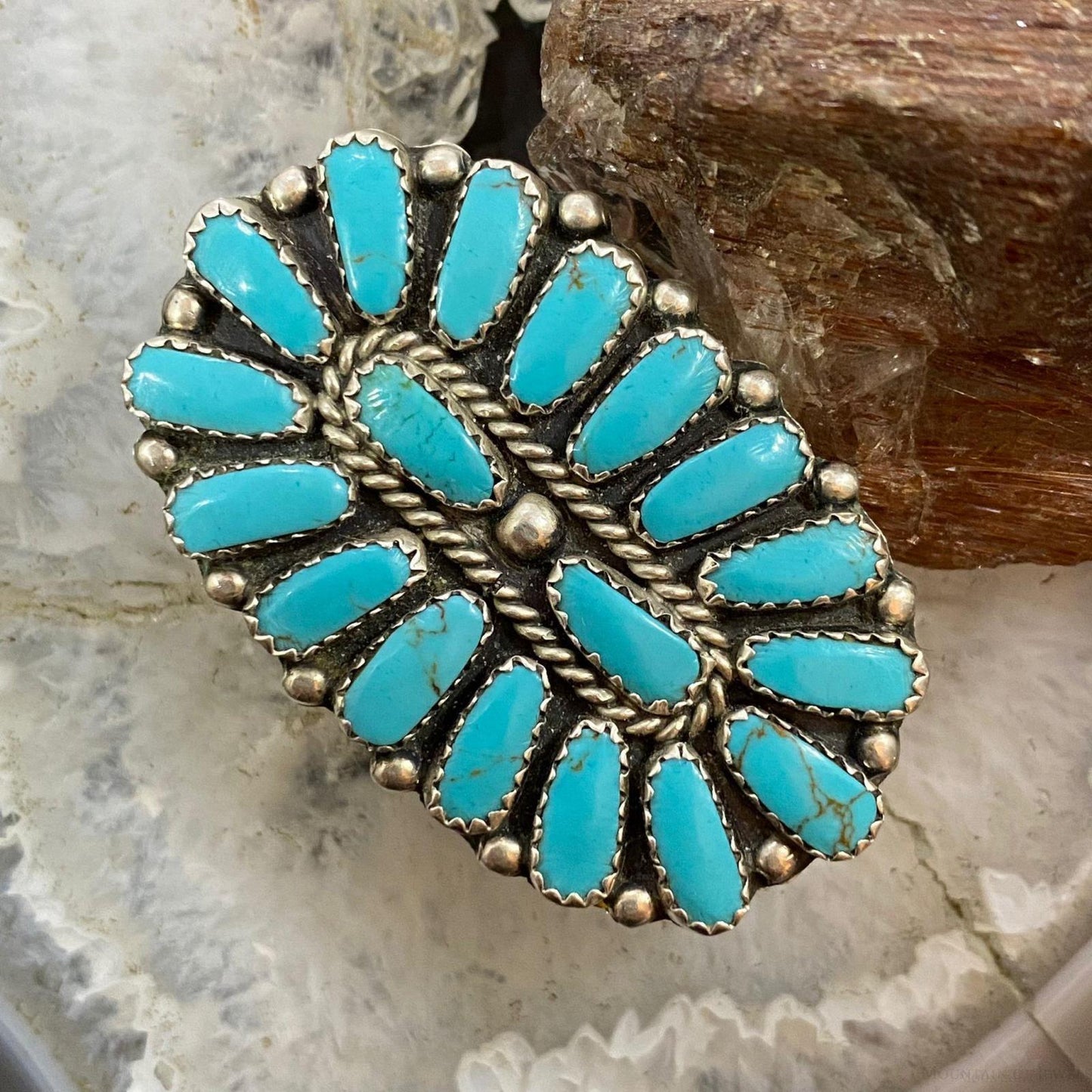 Vintage Native American Sterling Silver Cluster Turquoise Ring Size 7.5 For Women