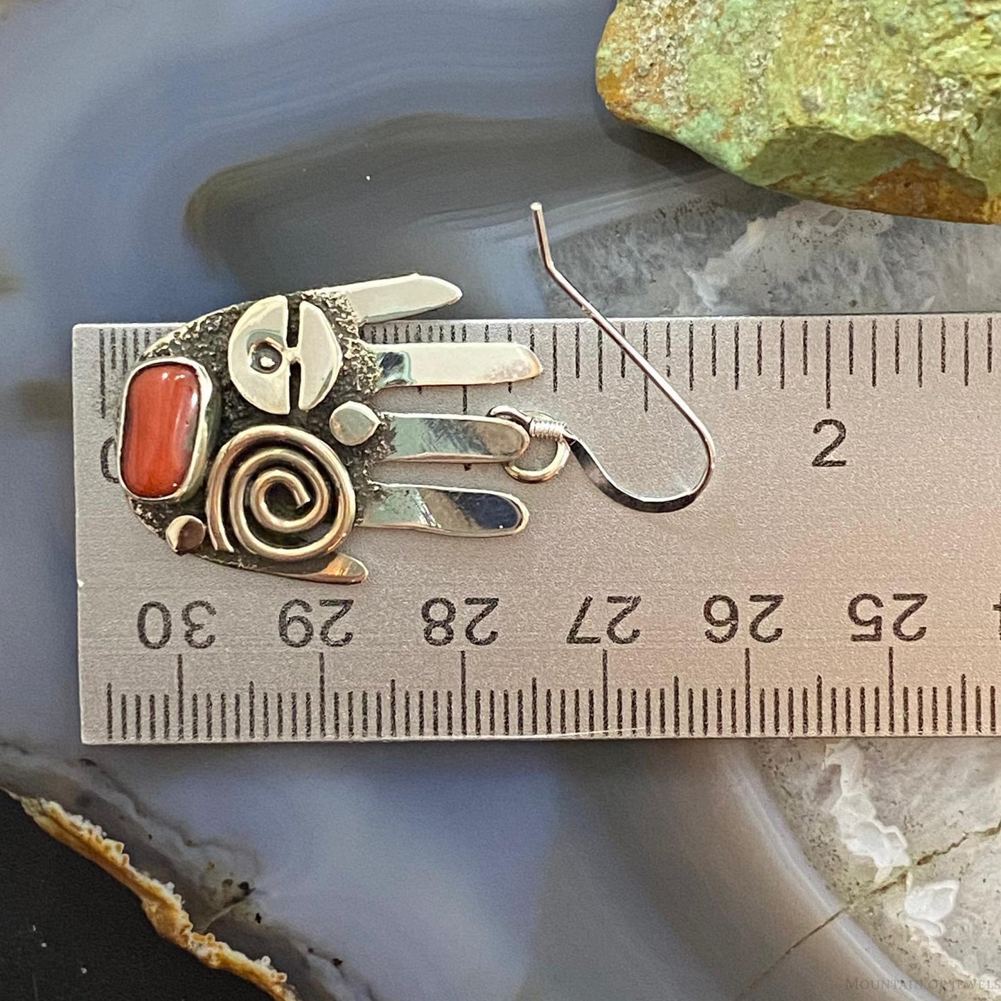 Alex Sanchez Native American Sterling Silver Ancestors Hand Petroglyph W/Coral Dangle Earrings For Women #5