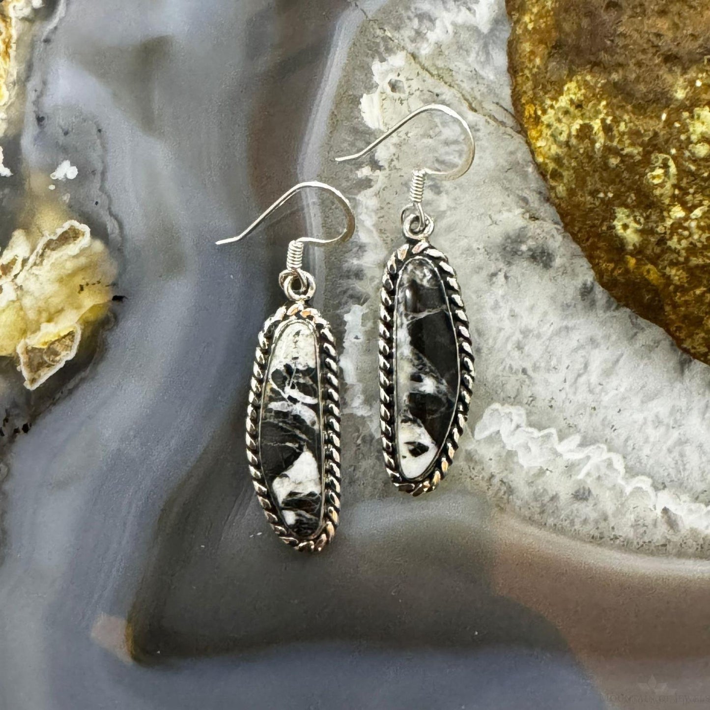 Native American Sterling Silver Natural Elongated White Buffalo Dangle Earrings For Women