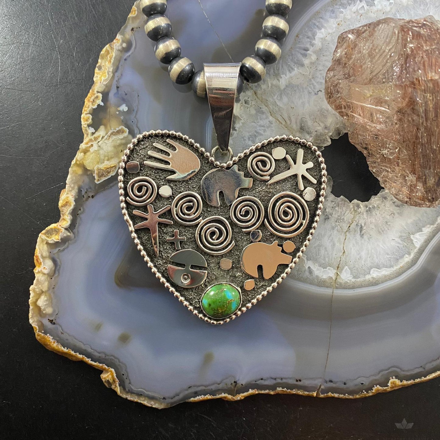 Alex Sanchez Native American Sterling Silver Sonora Gold Turquoise Petroglyph Heart Pendant For Women
