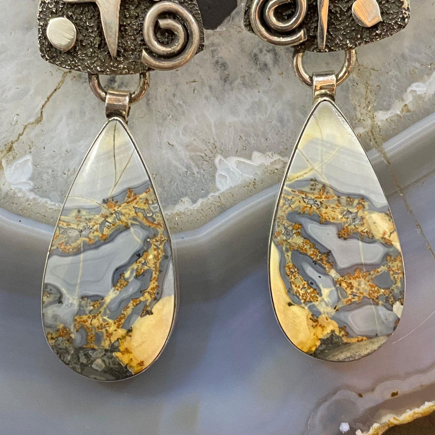 Alex Sanchez Native American Sterling Silver Teardrop Maligano Jasper Petroglyph Dangle Earrings For Women