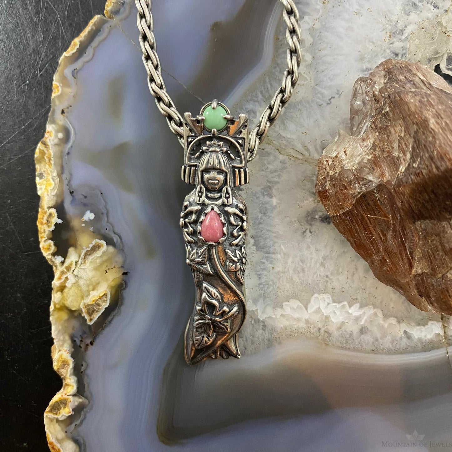 Carolyn Pollack Southwestern Style Sterling Silver Green Variscite/Pink Rhodonite Butterfly Maiden Pendant For Women