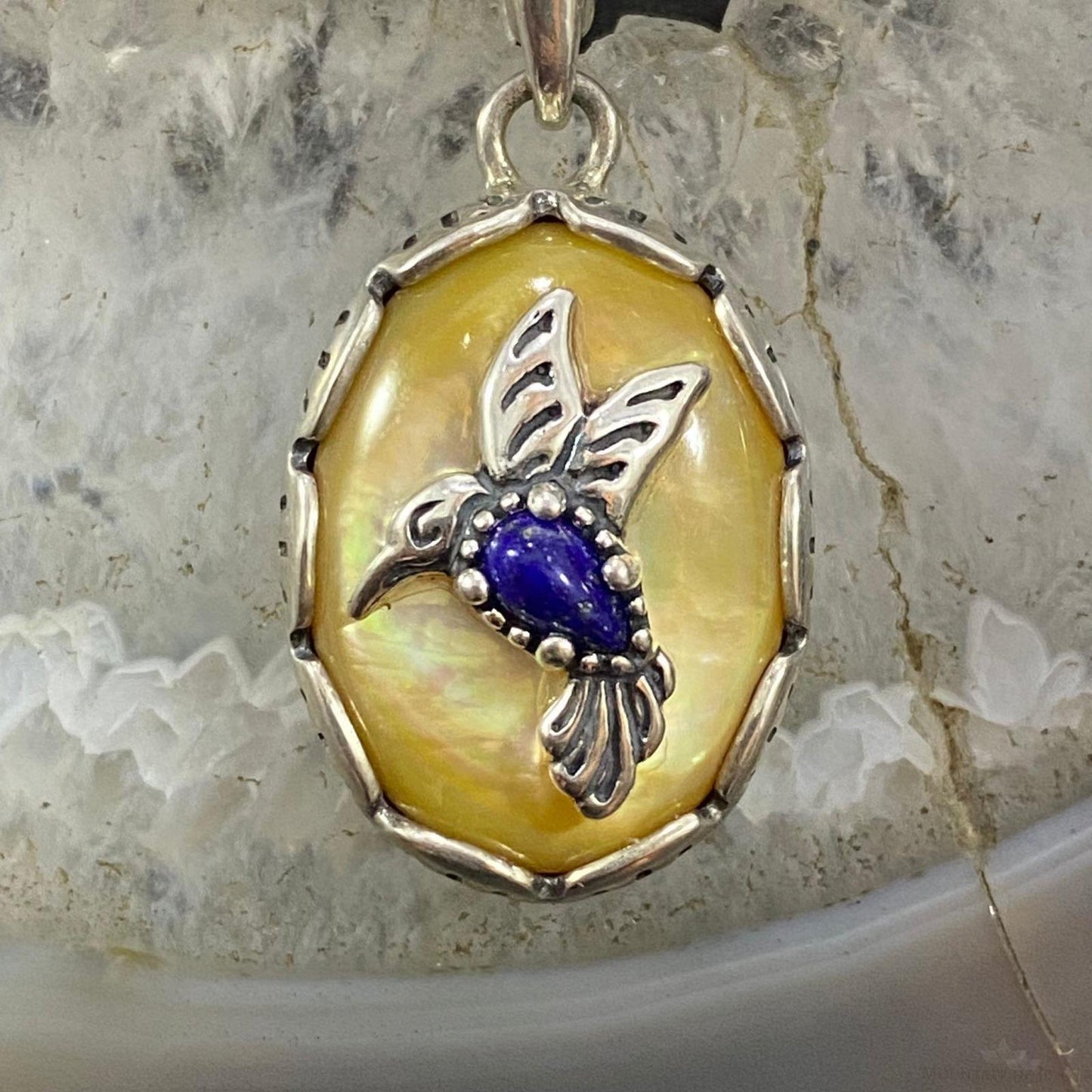 Carolyn Pollack Southwestern Style Sterling Silver Gold Mother of Pearl & Lapis Hummingbird Pendant For Women