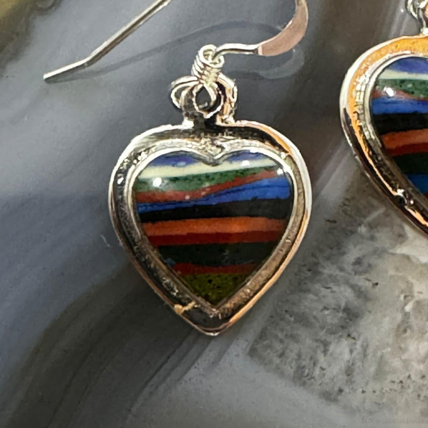 Native American Sterling Silver Rainbow Calsilica Heart Dangle Earrings For Women