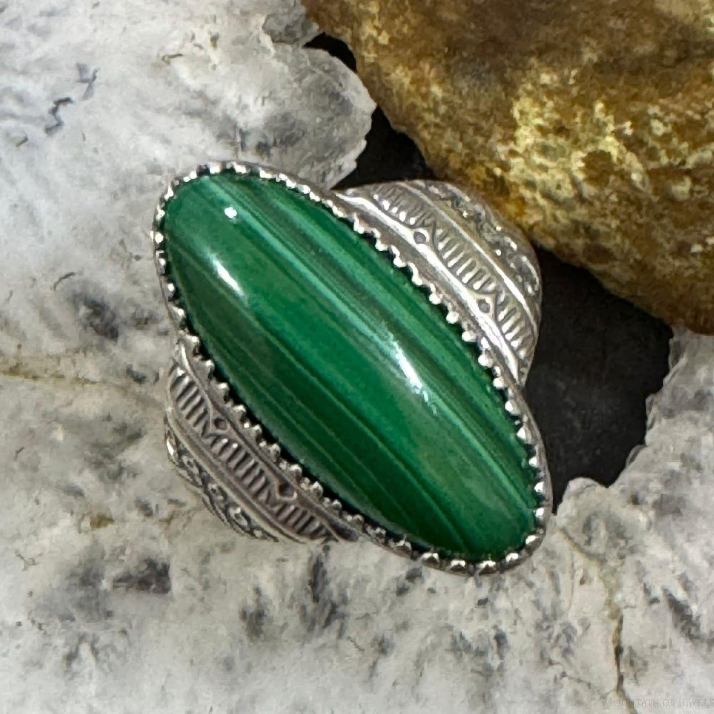 Carolyn Pollack Sterling Silver Elongated Oval Malachite Decorated Ring For Women