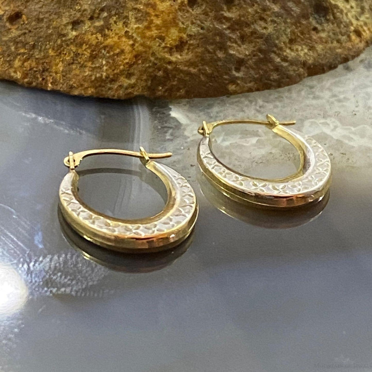 10K Two Tone Gold Floral Engraved Hoop Earrings For Women