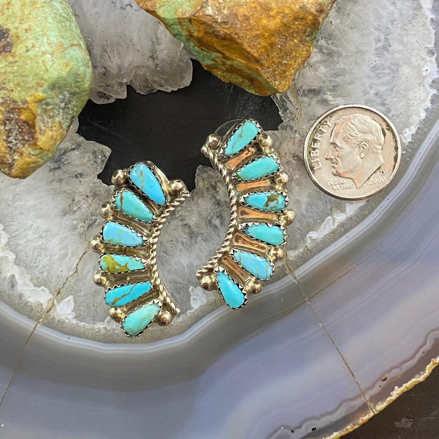 Vintage Native American Silver 6 Teardrop Turquoise Crescent Stud Earrings For Women